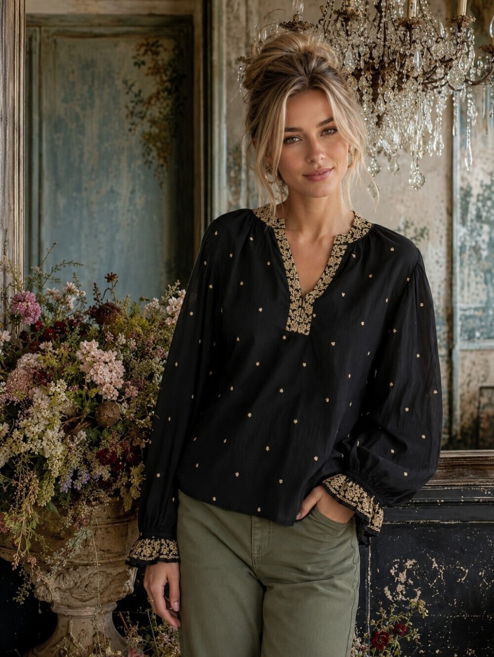 Velvet by Graham & Spencer Ania Black Blouse with Gold Embroidery Size Small